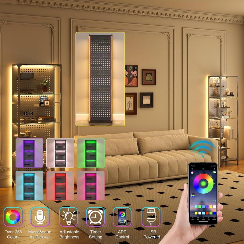 Glass Display Shelf for Collectibles, LED Black Shelf, Curio Cabinet, Lighted Tall Narrow Shelf with Pegboard Steel Frame for Gaming Room, Floor Lamp with Shelves, Living Room, Bedroom, Small | for Collectibles, LED, Lighted, for Gaming Room, Living Room