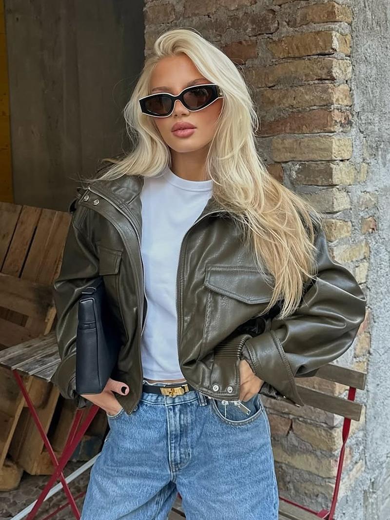 Women's Cropped Bomber Jacket Demi-Season Faux Leather Jacket Long Sleeve Green Black Jacket Women's Moto Biker Zipper Jacket Street Short Coat Aviator Jackets