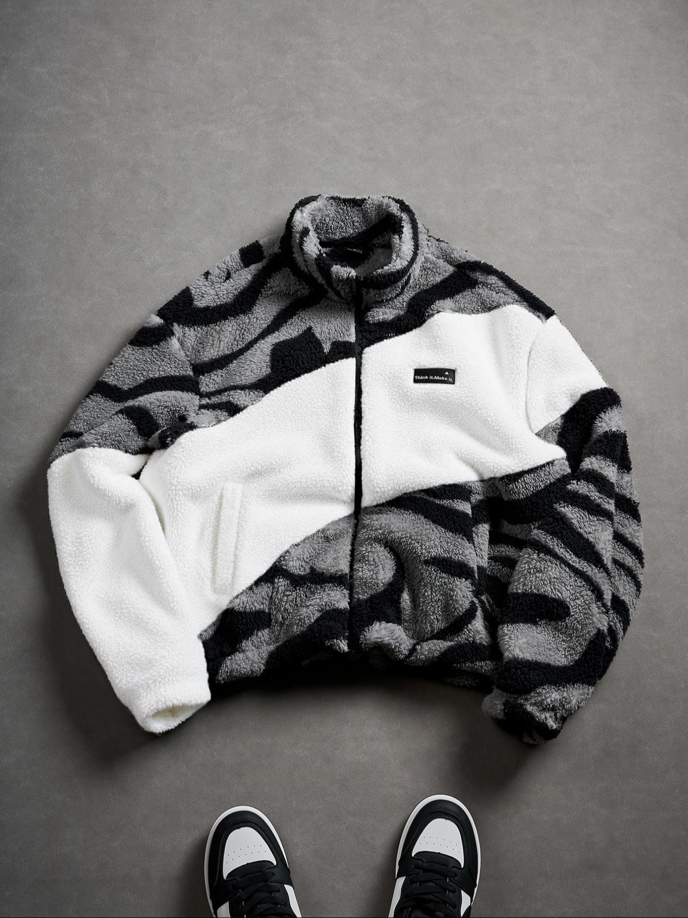 Abstract Pattern Fleece Zip - Up Jacket, Cozy Streetwear Outfit, Trendy TikTok Must - Have, Coats