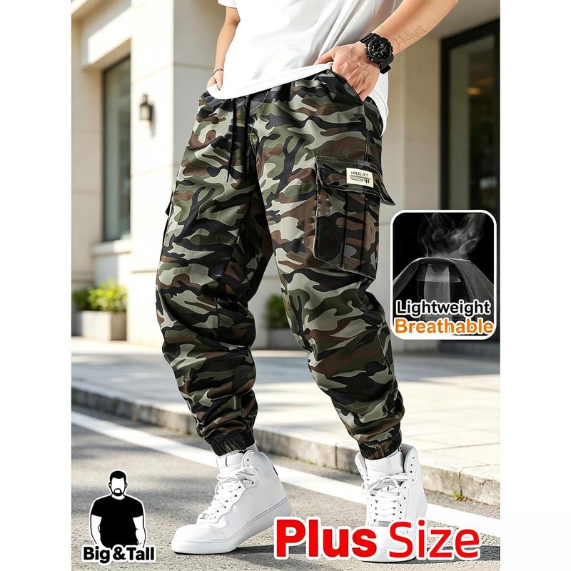 Large Plus Sizes Men's Retro Camo Joggers - Heavy-Duty Polyester Blend Outdoor Workwear, Lightweight Breathable, Multiple Pockets, Regular Cone Cut, Ideal for Hunting, Male Clothing