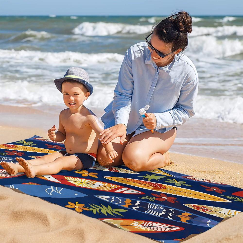 Tropical Surfboard & Floral Print Beach Towel, Oversized Quick Dry Microfiber Bath Towel, Super Absorbent Sand Free Beach Blanket for Summer Vacation, Hawaii Surfing Pool Gift
