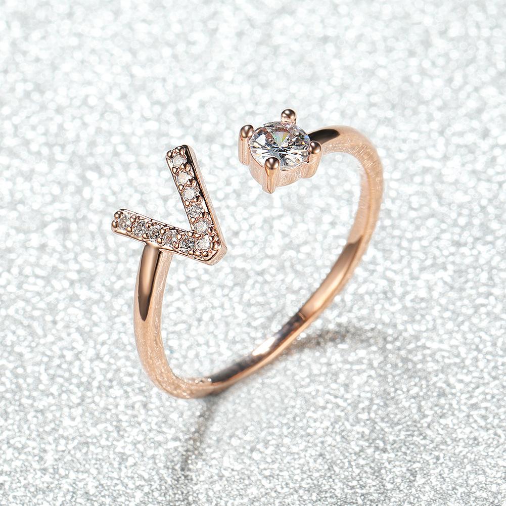 New rose gold letter ring, white diamond open ring accessory, unique personalized finger ring