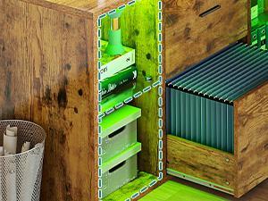 DWVO L Shaped Desk with Power Outlets & File Cabinet, 55" Reversible Corner Computer Desk with Drawers & LED Lights, L-Shaped Desk with 4 Glass Open Storage Shelves