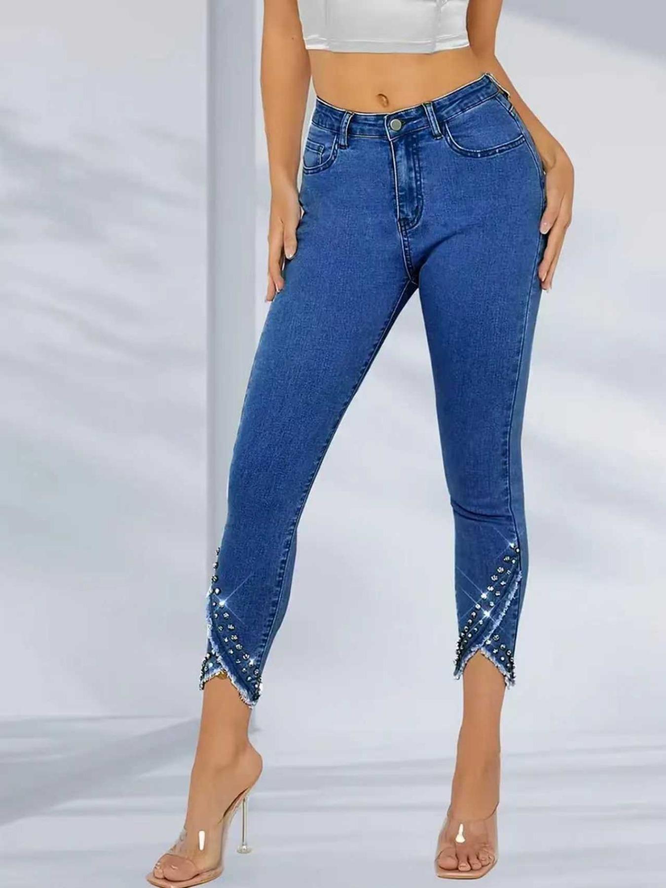 Women's Casual Denim Capri Pants with Rhinestone Hem, Tight Fit Skinny Long Jeans, Stylish Ladies' Fashion Bottoms, Trouser