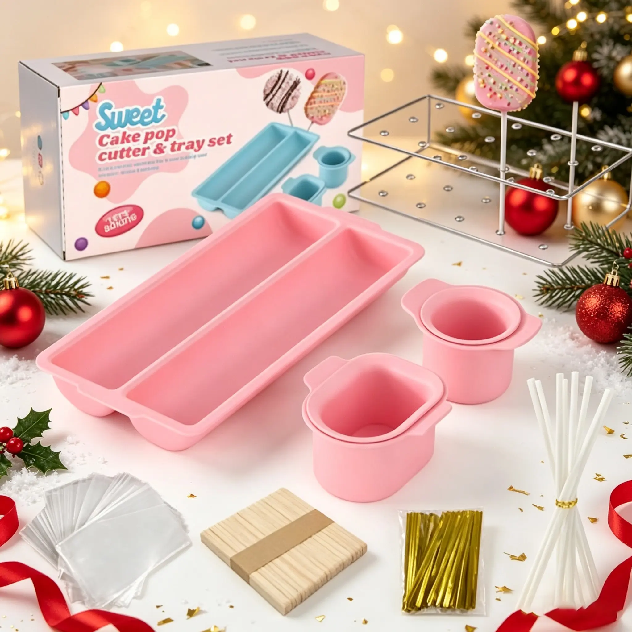 Cake Pop Cutter, Cake Pop Mold Set, Cake Pop Sticks, Cake Pop Wrappers with Ties, Baking Supplies, Christmas Baking Tools, Christmas Party Baking Molds, Color Box Packaging, Christmas Gift.