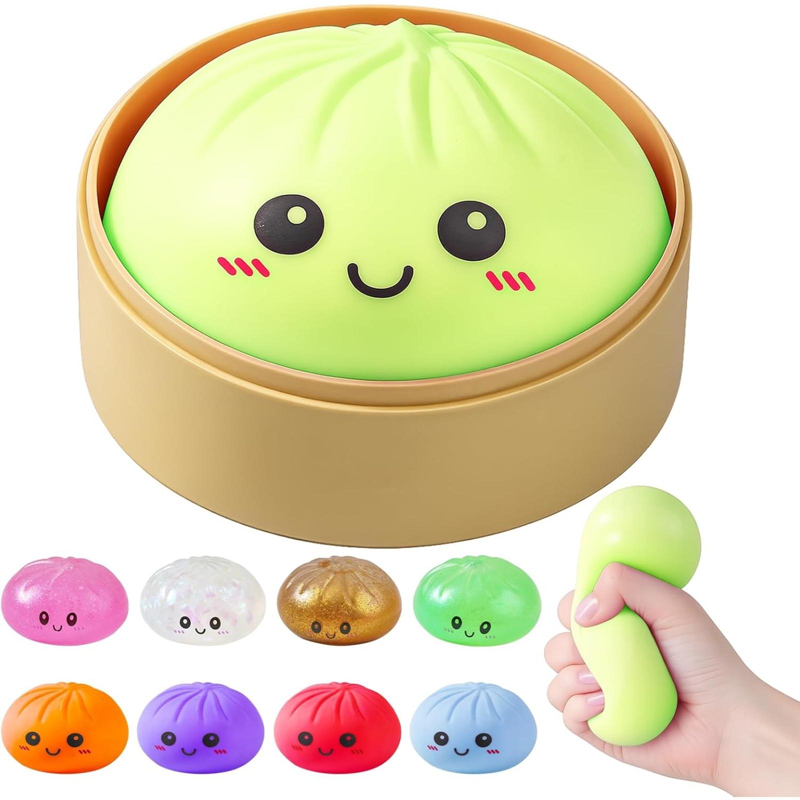 Dumpling Squishies, Glitter Dumpling Mystery Box, Colorful Dumplings Stress Balls Fidget Sensory Toy, Stocking Stuffers with Food Steamer Stretchy Desk Toys (Blue)