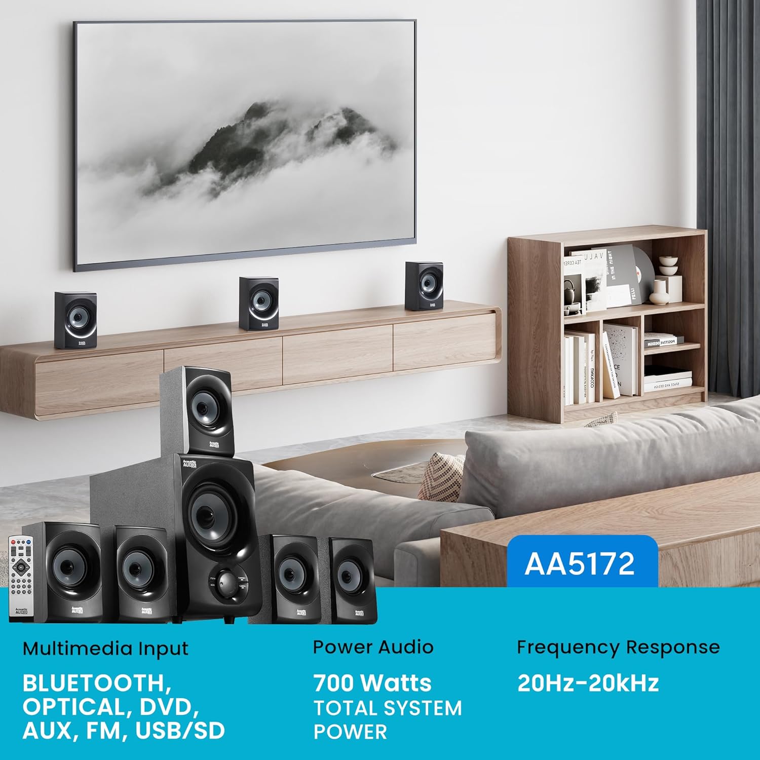 AA5172 700W   Theater 5.1 Speaker System with FM Tuner, USB, SD Card, Remote Control,  Sub (6 Speakers, 5.1 Channels, Black with Gray)