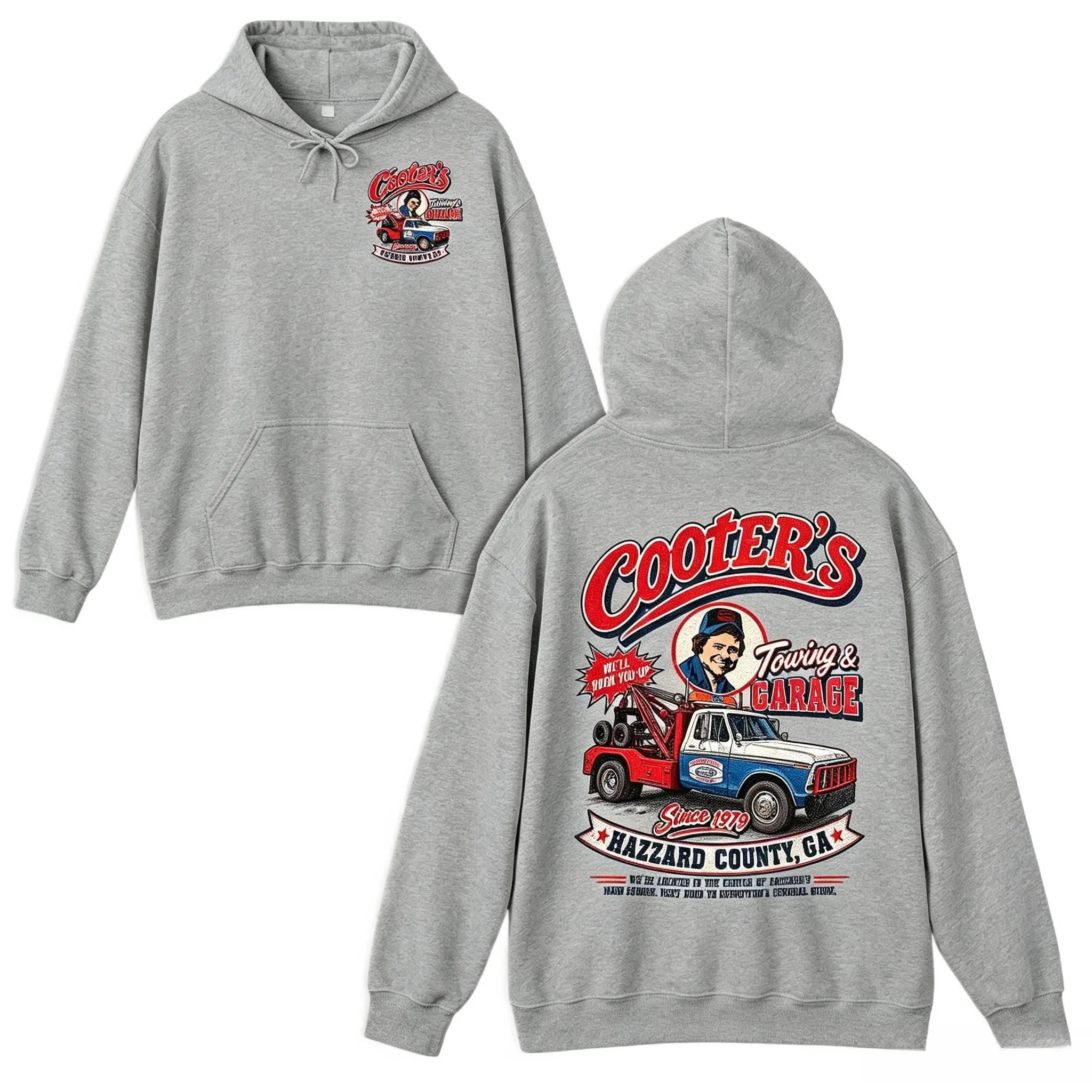 C00ters Towing Hazzard County Graphic Pullover Hoodie Sweatshirt Short Sleeve Shirt Cooter Davenport Tribute Retro Americana Fan Apparel Unisex Streetwear Top for Men Women Youth Adults Casual Daily Outfit Halloween Christmas Holiday Party Attire Ideal Bi