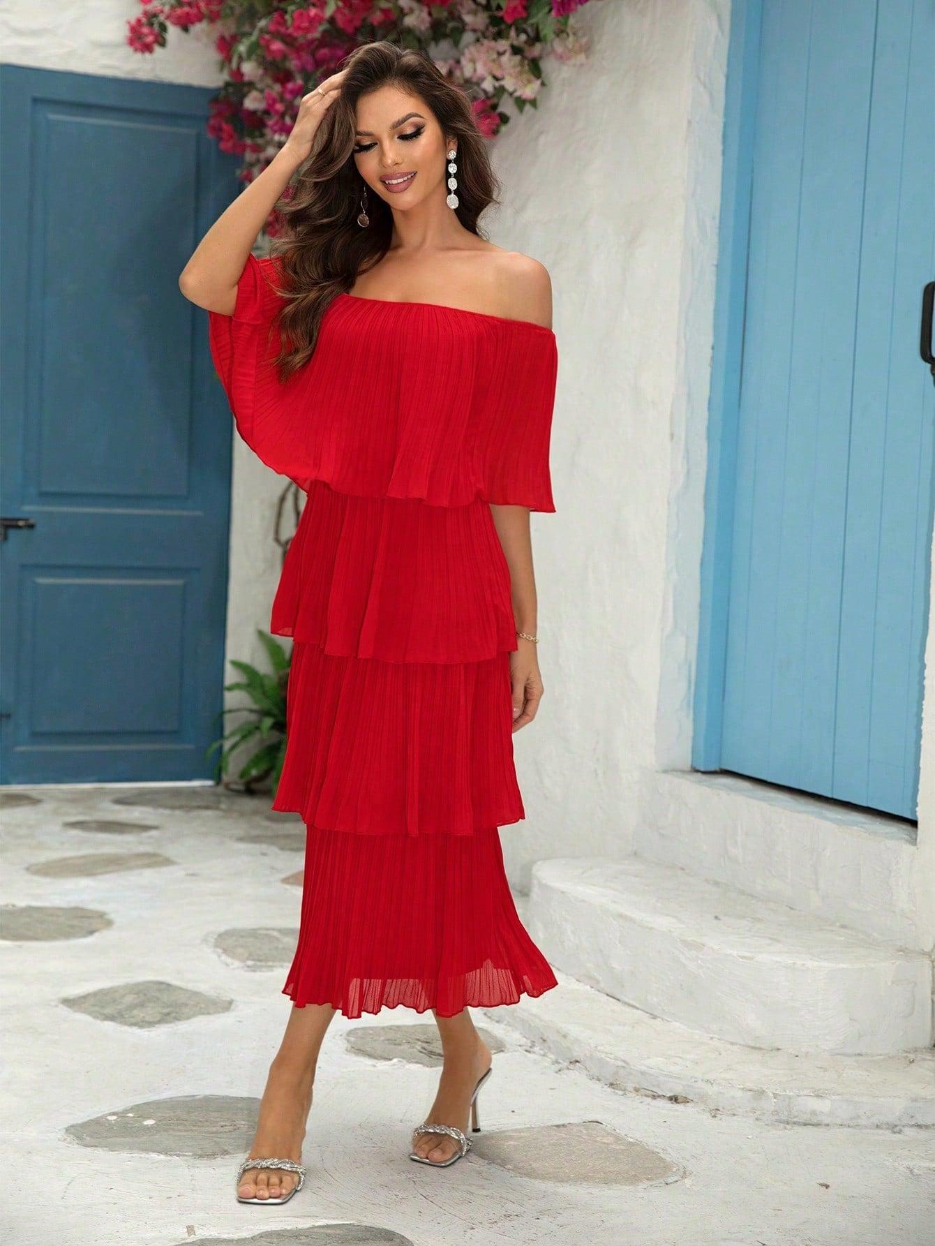 Clearance Joyfunear Women's solid color off shoulder  Ruffle Hem Casual Elegant Vacation Wedding Guest Chiffon Midi Dress