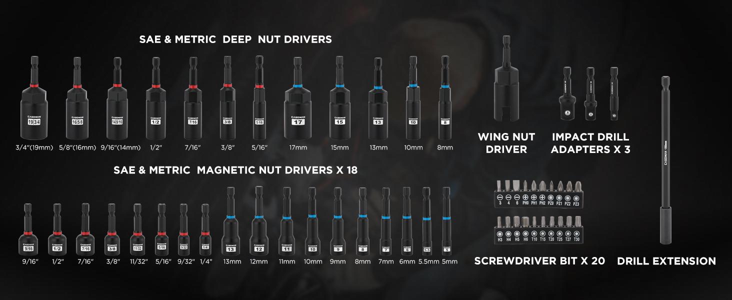 CASOMAN 55-Piece Magnetic Nut Driver Set for Impact Drill Deep & Shallow Metric & SAE Includes Screwdriver Bits Bit Extension Bar Socket Adapters & Wing Nut Driver Tool Box #TikTokShopBlackFriday