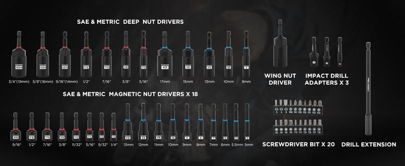 CASOMAN 55-Piece Magnetic Nut Driver Set for Impact Drill Deep & Shallow Metric & SAE Includes Screwdriver Bits Bit Extension Bar Socket Adapters & Wing Nut Driver Tool Box #TikTokShopBlackFriday