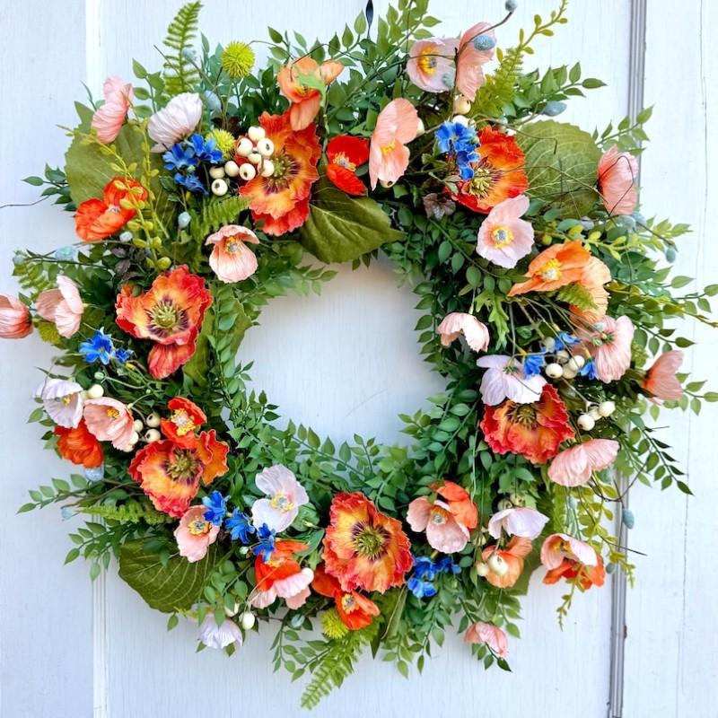 Summer Poppy Flower Ring, Realistic Poppy Front Door Wreath, Handmade Home Porch Party Decoration, Plastic Material, Daily Use