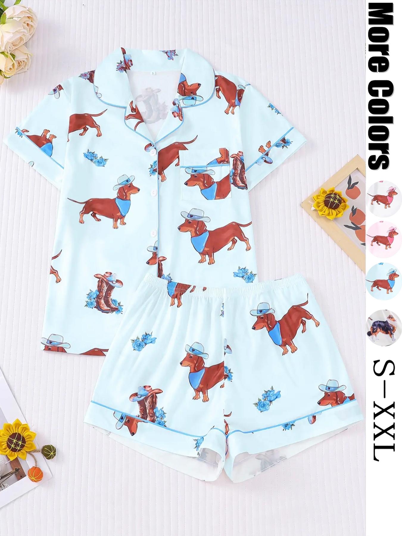 Women's All Over Dachshund Print Shirt & Elastic Waist Shorts Pyjama Two-piece Set, Casual Comfy Short Sleeve Collared Top & Shorts PJ Set, Ladies Sleepwear for All Seasons, Loungewear, Sleep Pajamas Shorts