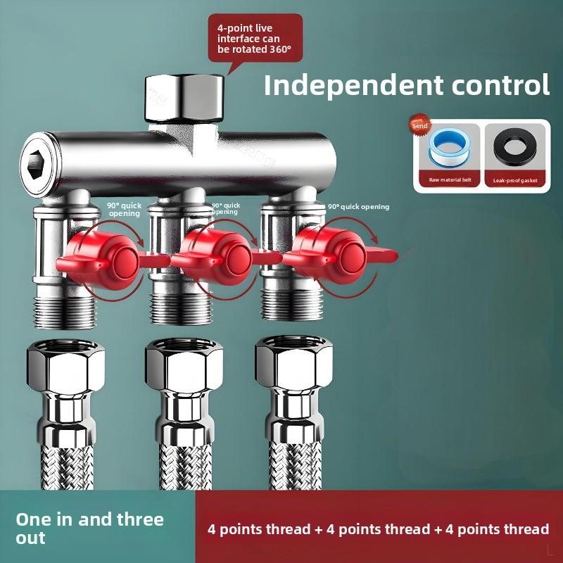 No need to disassemble the original faucet. Washing machine faucet splitter, one inlet three outlets with switch, 6-point quick-install buckle water diverter valve