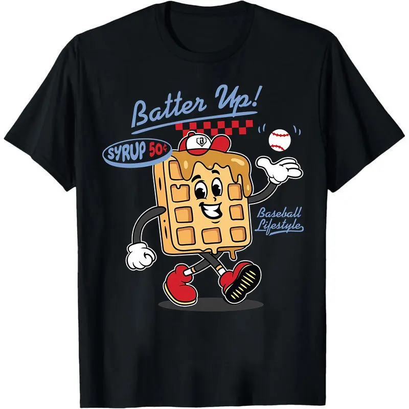 Batter Up Waffle Retro Cartoon Baseball Graphic T Shirt Funny Vintage Sports Baseball Lifestyle Tee For Men Women