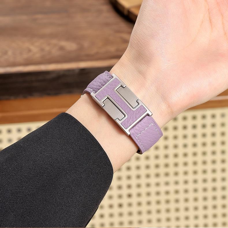 New H-Type Magnetic Buckle Lychee Pattern Leather Smart Watch Strap (38-49mm)