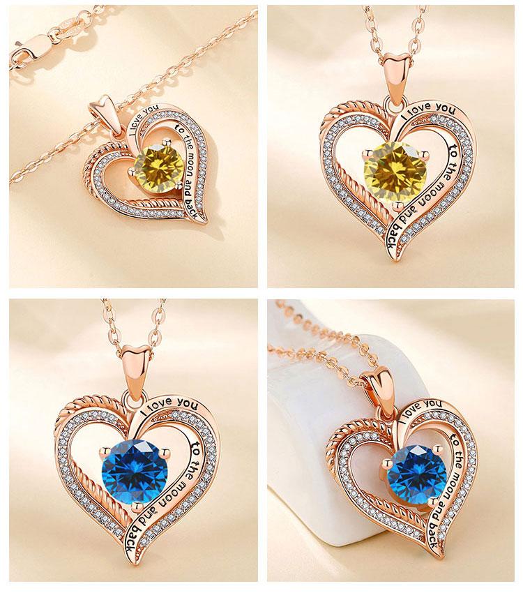 Elegant Birthstone Heart Necklace with Engraved I Love You to the Moon and Back, Rose Gold Heart Pendant, Bridesmaid & Lover Gift Elegant Birthstone Heart Necklace with Engraved I Love You to the Moon and Back, Rose Gold Heart Pendant, Bridesmaid & Lover Gift