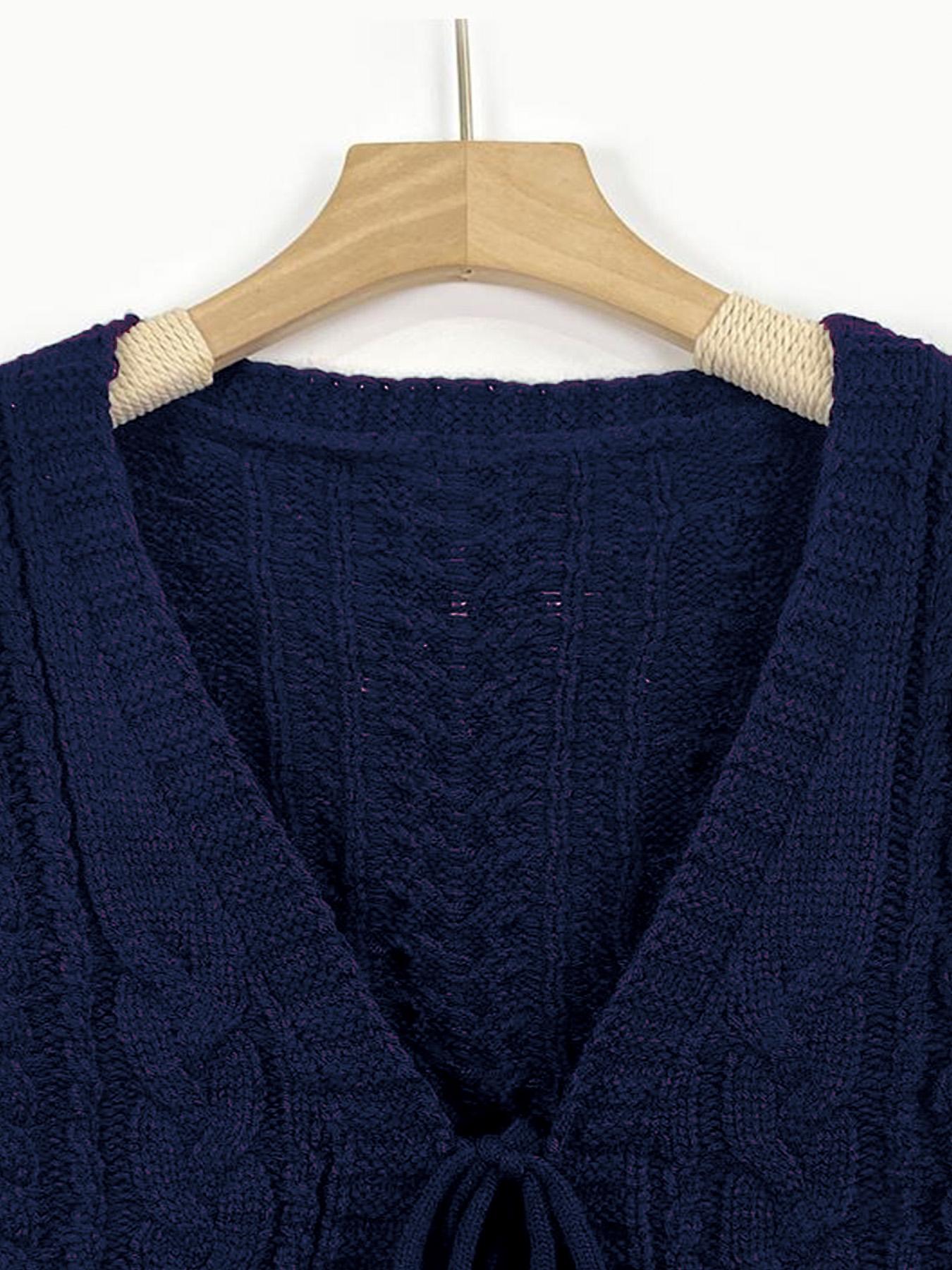 Plus Size Women's Blue V Neck Knit Cardigan Knitwear, Casual Long Sleeve Pullover, Fall & Winter Fashion, Comfortable Plain Design