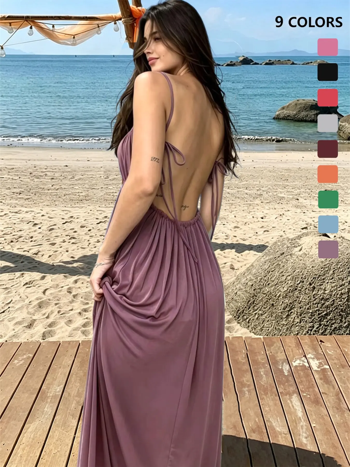 Women's Strapless Long Dress, Sleeveless Deep Back Design, Adjustable Straps, Summer Beach Vacation Dress, Fluffy and Flowy, Perfect for Leisure