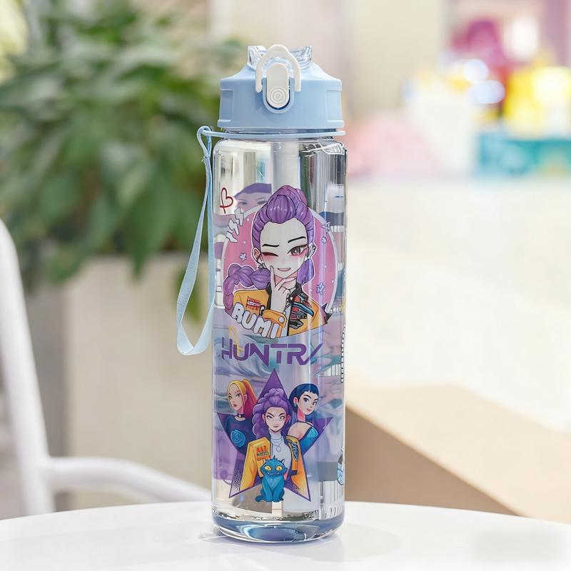 K-Pop Ghost Hunter Theme Totem Water Bottle with Lid and Straw, Reusable Hard Plastic, 700ML Eco-Friendly, Perfect for School, Travel, Halloween Party