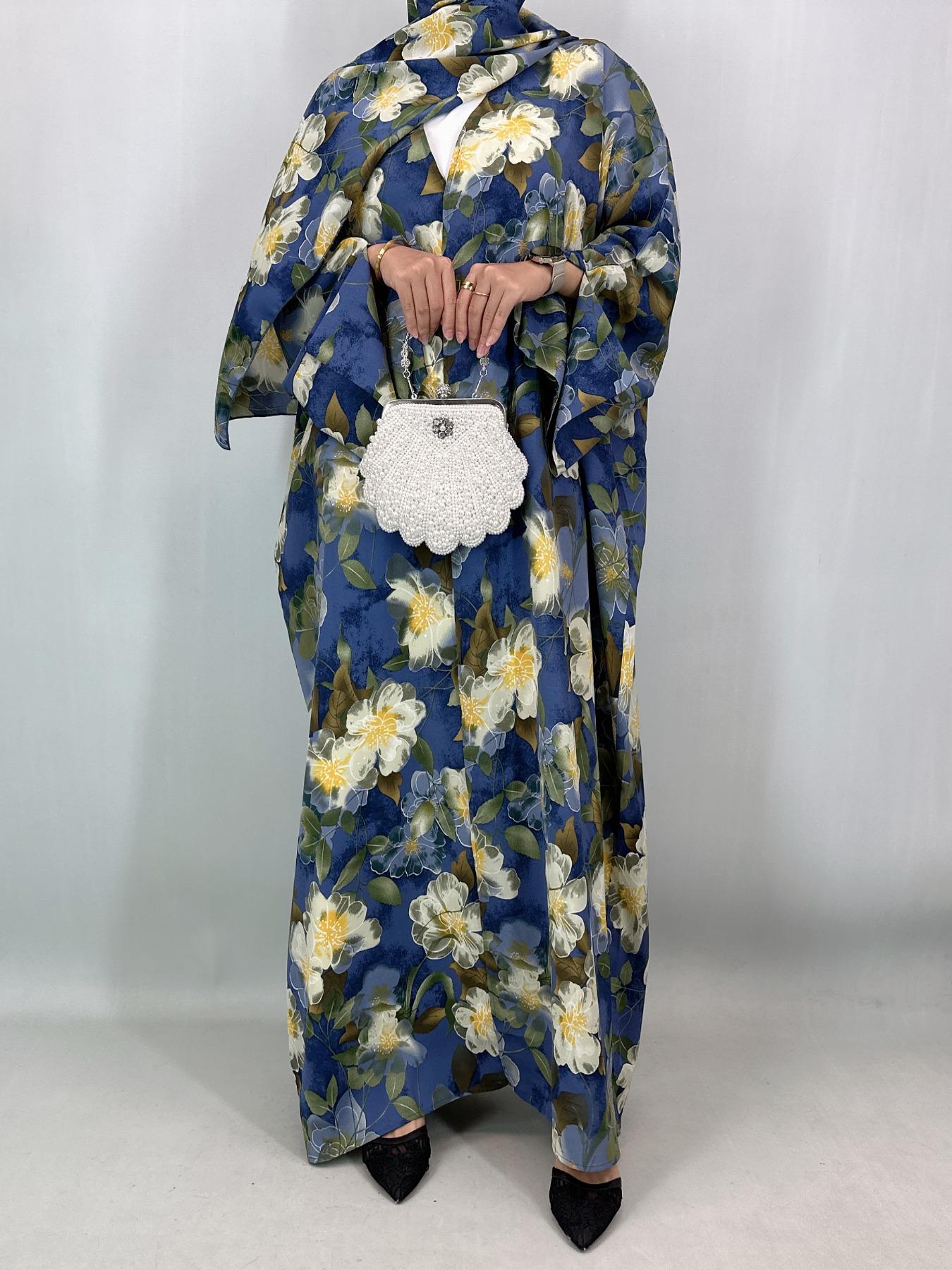 [Includes Hijab] Women's Art Print Batwing Sleeve Long Robe Set with Headscarf, Loose-Fitting Vacation Style Cardigan with Pockets, Fall & Winter Fashion Open Front Abaya