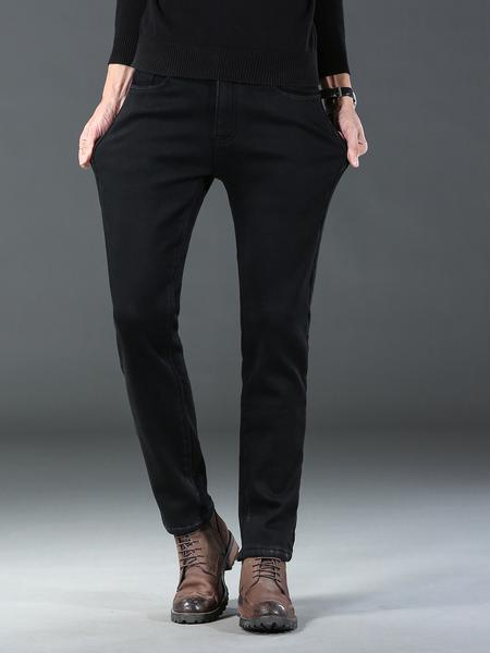 Men's Thick Winter Denim Jeans, High Waist Loose Straight Leg Pants, Fitted Street Style Warm Elastic Casual Trousers