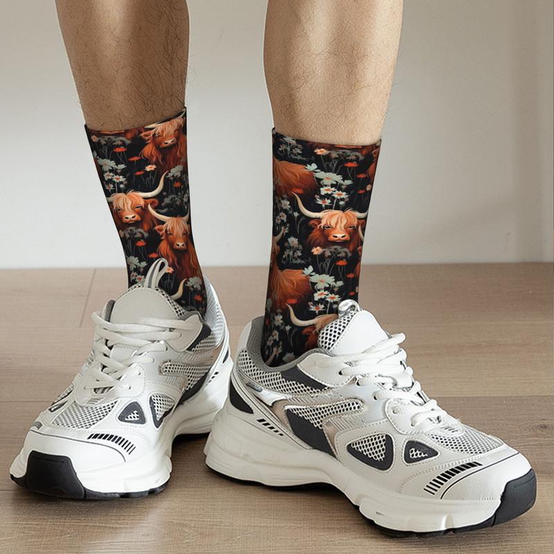 1pc Highland Cow Men'S Novelty Socks | Crew Sock with All Over Print, Elastane, Knit Fabric