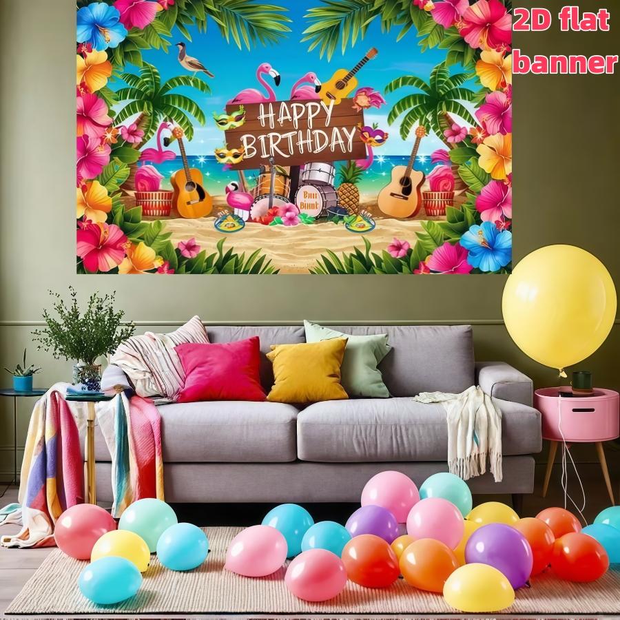 2D flat party banner, Hawaiian birthday background fabric, polyester material, tropical Hawaiian party decoration, suitable for indoor/outdoor Hawaiian parties, birthdays, weddings, summer decoration, birthday party decoration, stage and room decoration