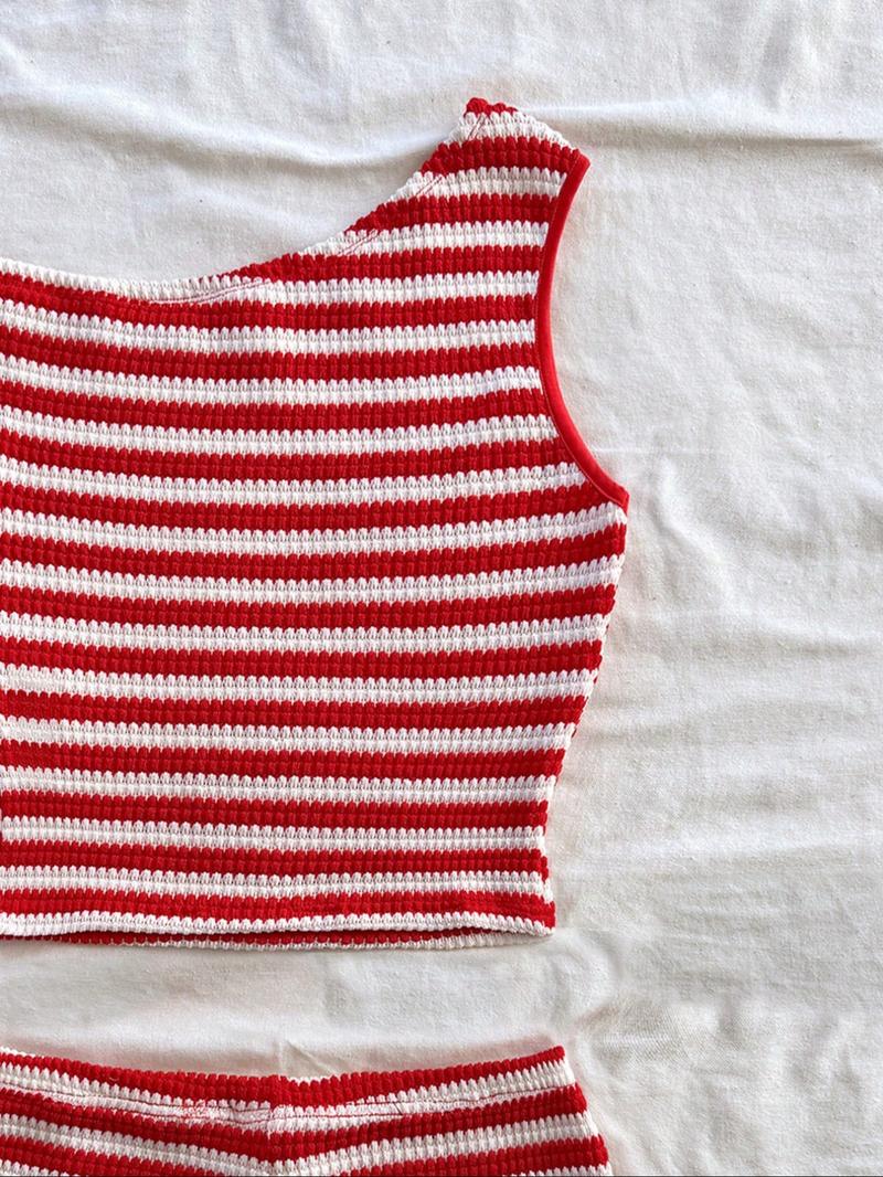 Women's Striped Pattern Asymmetrical Top & Shorts Set without Accessories, Casual Sleeveless Top & Shorts, Ladies Summer