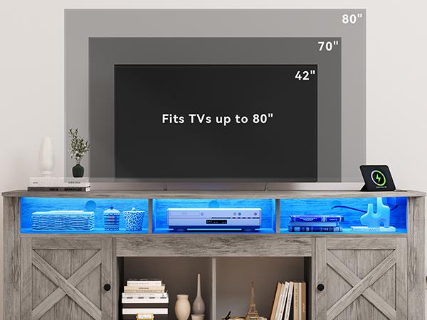 DWVO Farmhouse TV Stand for TVS up to 80 Inch, Entertainment Center with Power Outlet, TV Table with Barn Doors & Storage Cabinets, TV Console for Living Room, 70" Rustic Grey