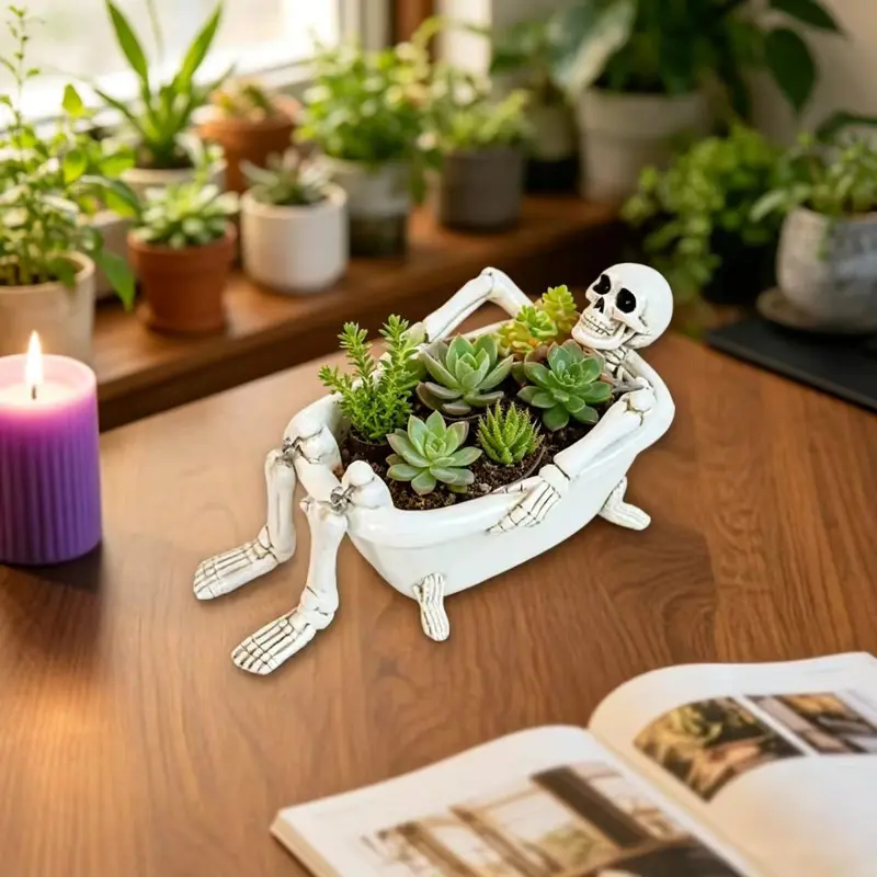 Skull Bathtub Planter, 6.37 Inches with Drain Hole, Unique Decorative Pot for Plants, Soap Holder, Home Desk Decoration, Halloween Theme