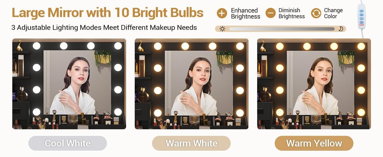 Sikaic Glass Top Makeup Vanity Set with Bench Lighted Mirror Charging Station Furniture Cosmetic Storage Drawer Modern Organization Aesthetic Design Minimal