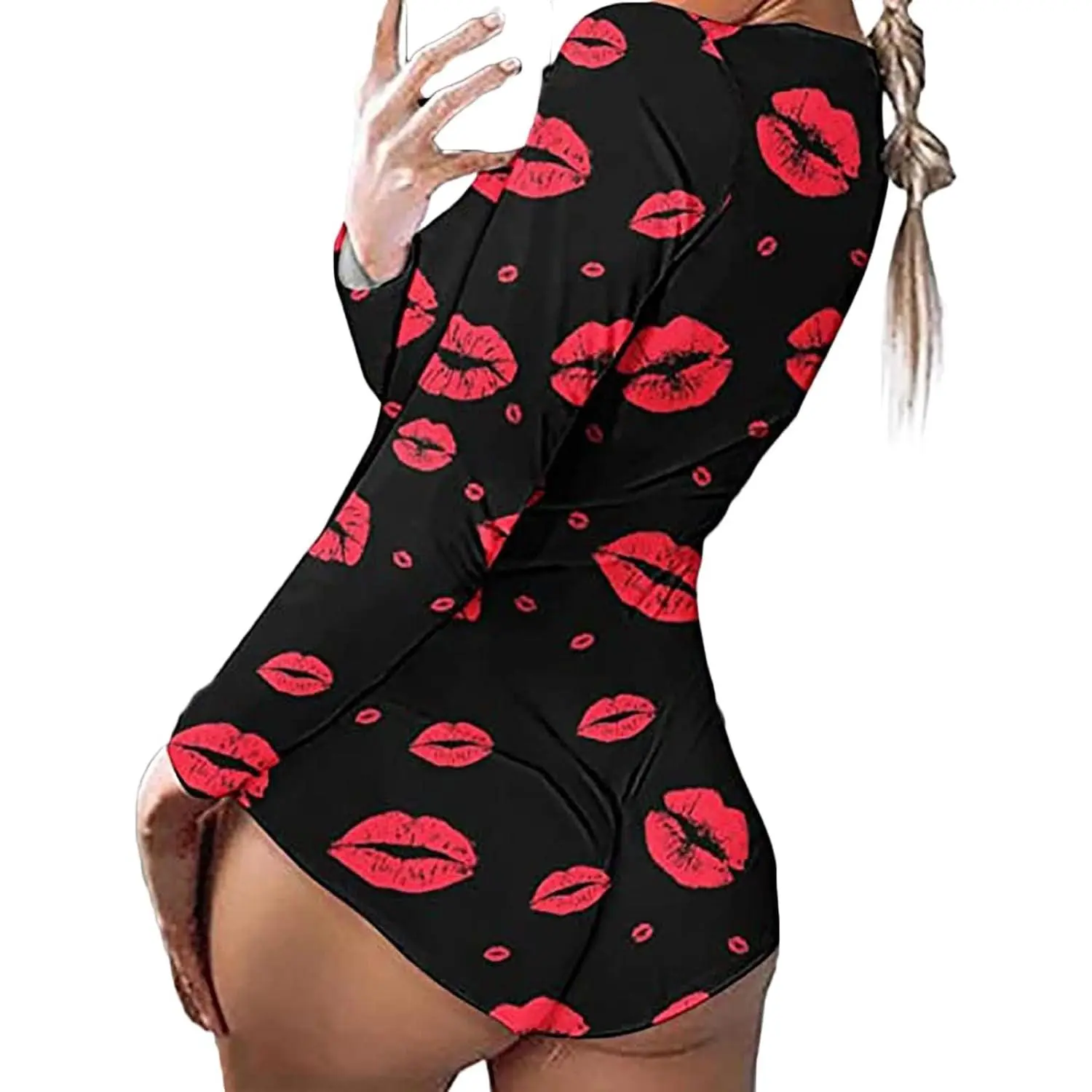 Women’s Long Sleeve Bodycon Romper V Neck Heart Print Button Down Bodysuit Short Jumpsuit Sleepwear