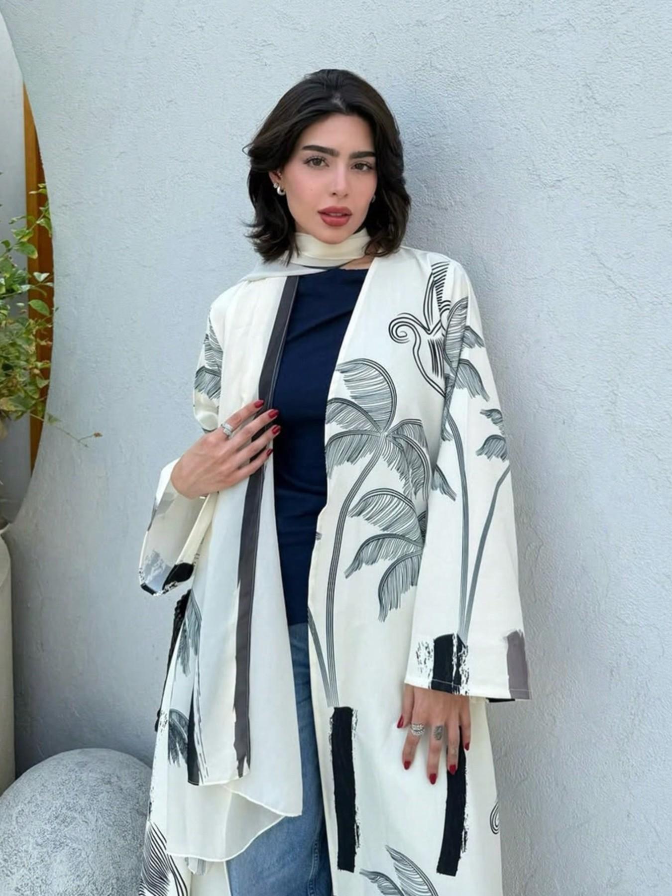 Hafizah Women's Loose-Fit Casual Coconut Tree Print Long Outerwear & Scarf Matching Set for Vacation