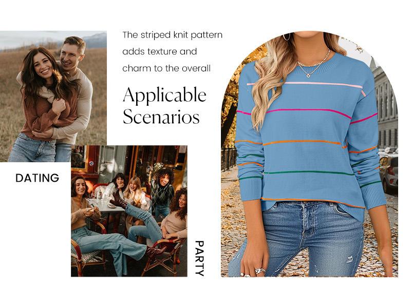 Shewin 2026 Cozy Oversized Striped Knit Sweater Women's Crew Neck Long Sleeve Pullover Comfy Layering for Daily & Office Casual Looks - Womenswear