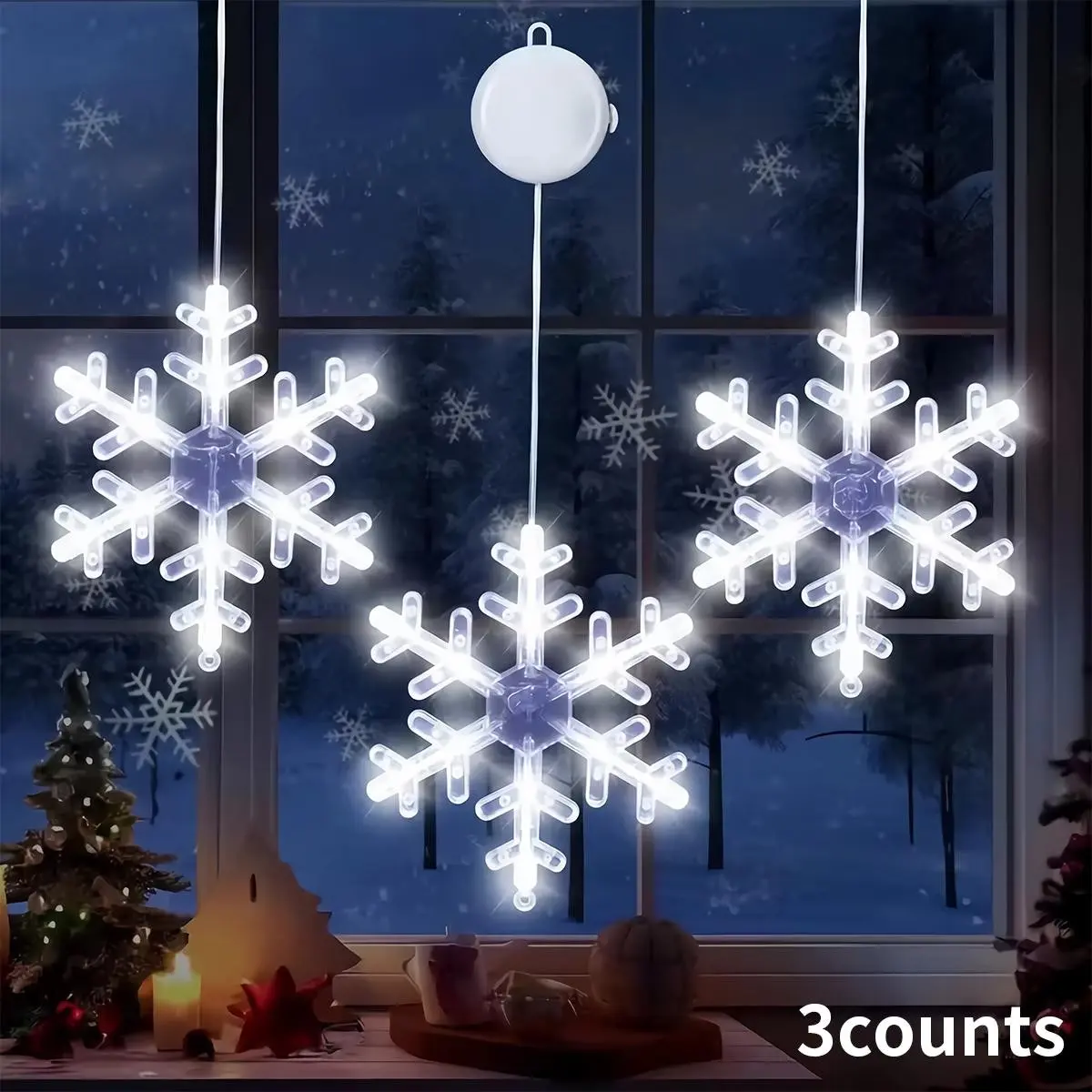 3 Christmas Snowflake Window Lights with Suction Cups, Battery Powered LED Snow Design for Indoor Windows Holiday Party Decorations