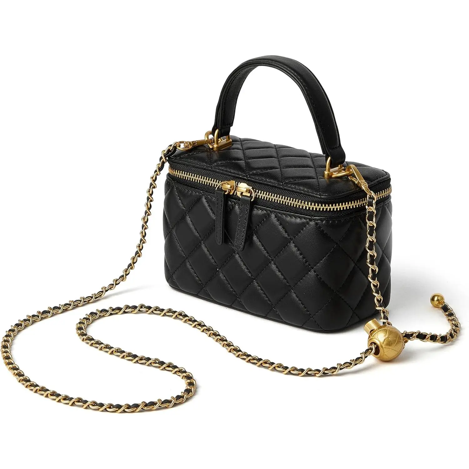 Small Quilted Box Crossbody Purse For Women, Designer Lambskin Leather Mini Top Handle Tote Bag With Chain Strap