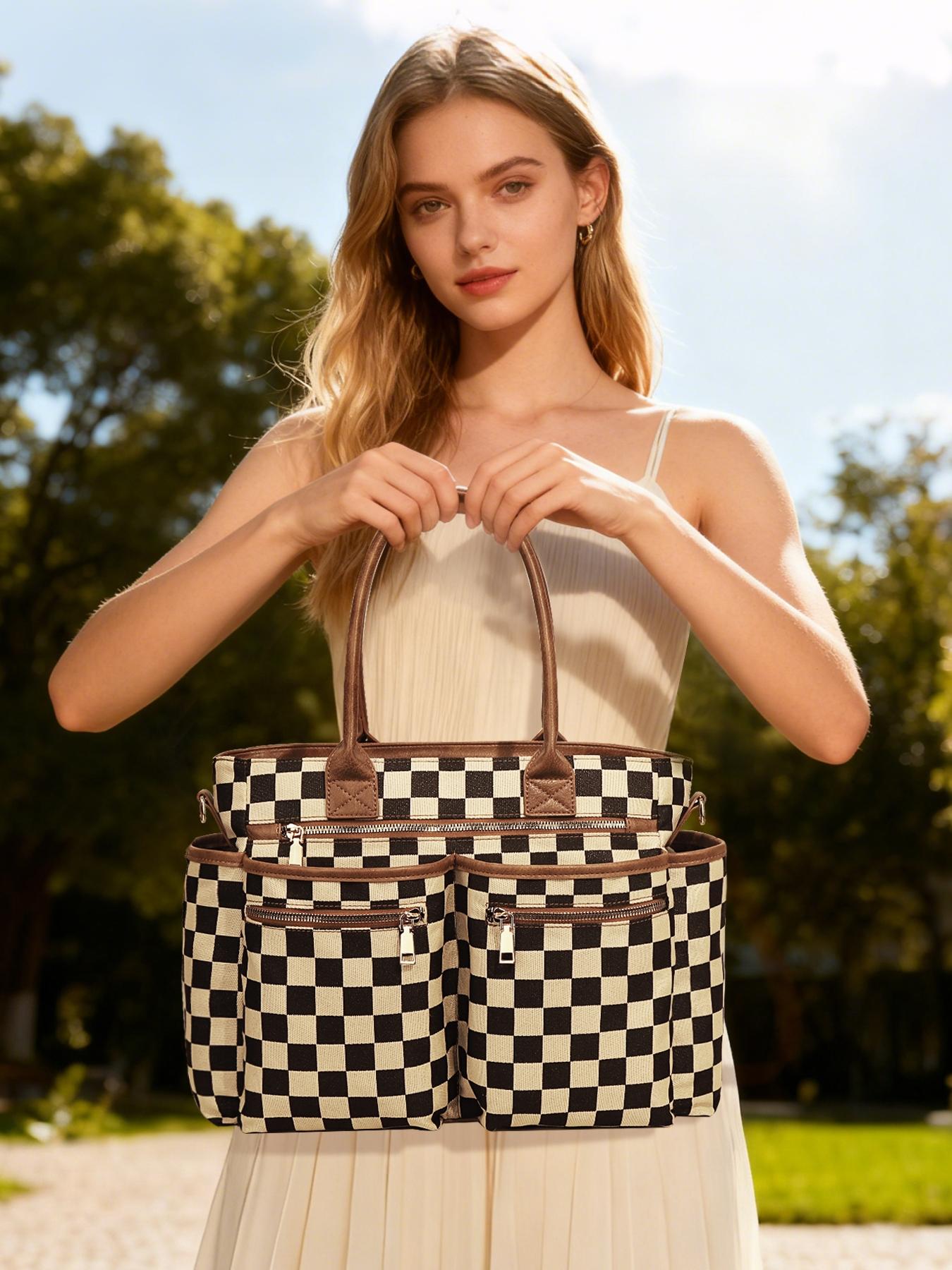 Women's Checkerboard Pattern Zipper Crossbody Tote Bag, Large Capacity Multi-Pocket Design Portable Shoulder Bag For Daily Used, Girl Fashionable Shopping Bag