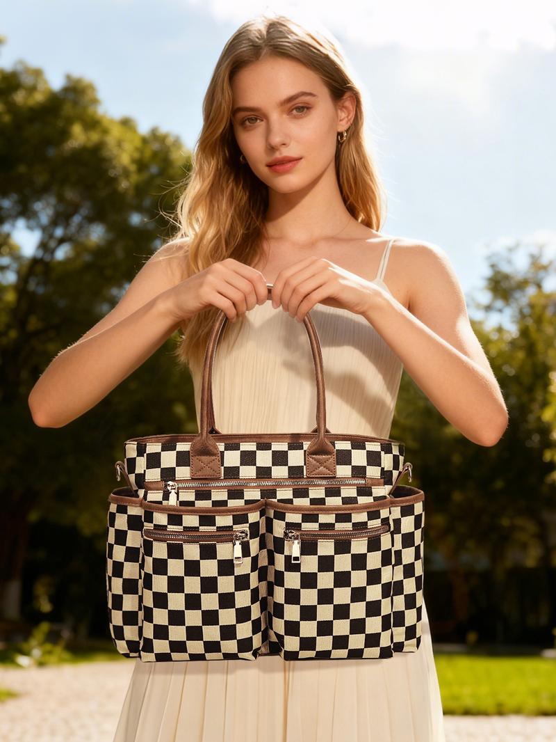Women's Checkerboard Pattern Zipper Crossbody Tote Bag, Large Capacity Multi-Pocket Design Portable Shoulder Bag For Daily Used, Girl Fashionable Shopping Bag