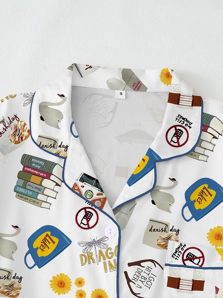 Women's Stars Hollow GG book Pajama Set, Long Sleeve Top & Elastic Waist Pants, Casual Fall Winter Sleepwear, Book and Coffee Cup, Loungewear