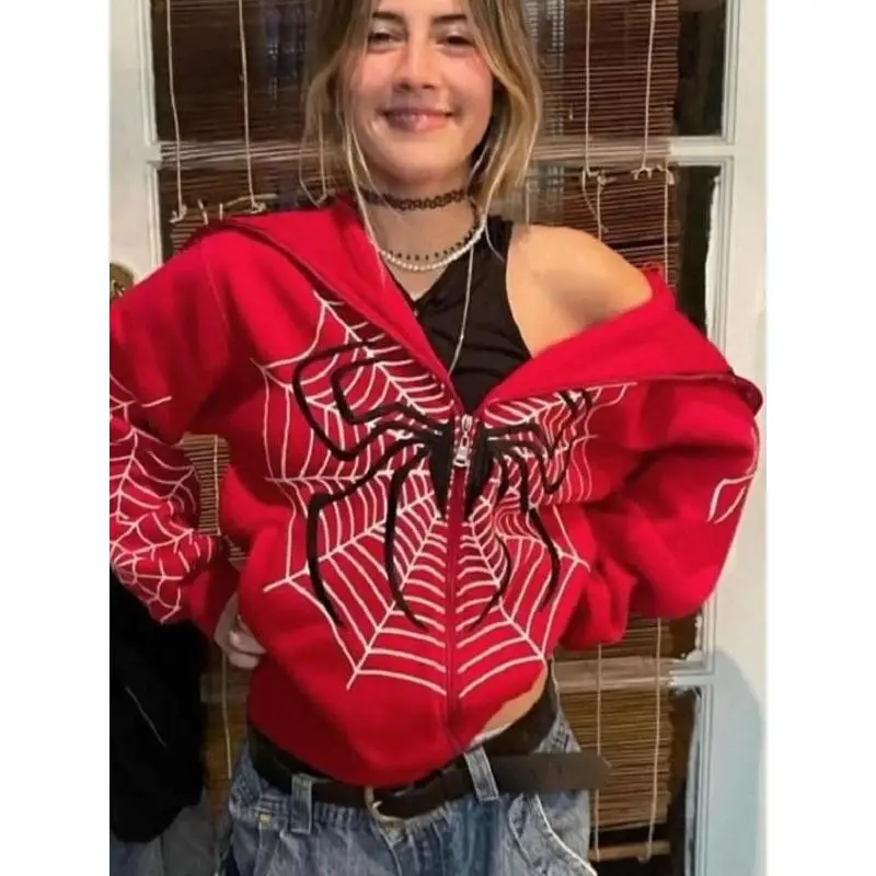 Women's Spider Web Print Zip Up Drop Shoulder Hoodie Jacket, Fashion Casual Long Sleeve Hooded Sweatshirt For Daily Outdoor Wear, Ladies Spring & Fall Clothes