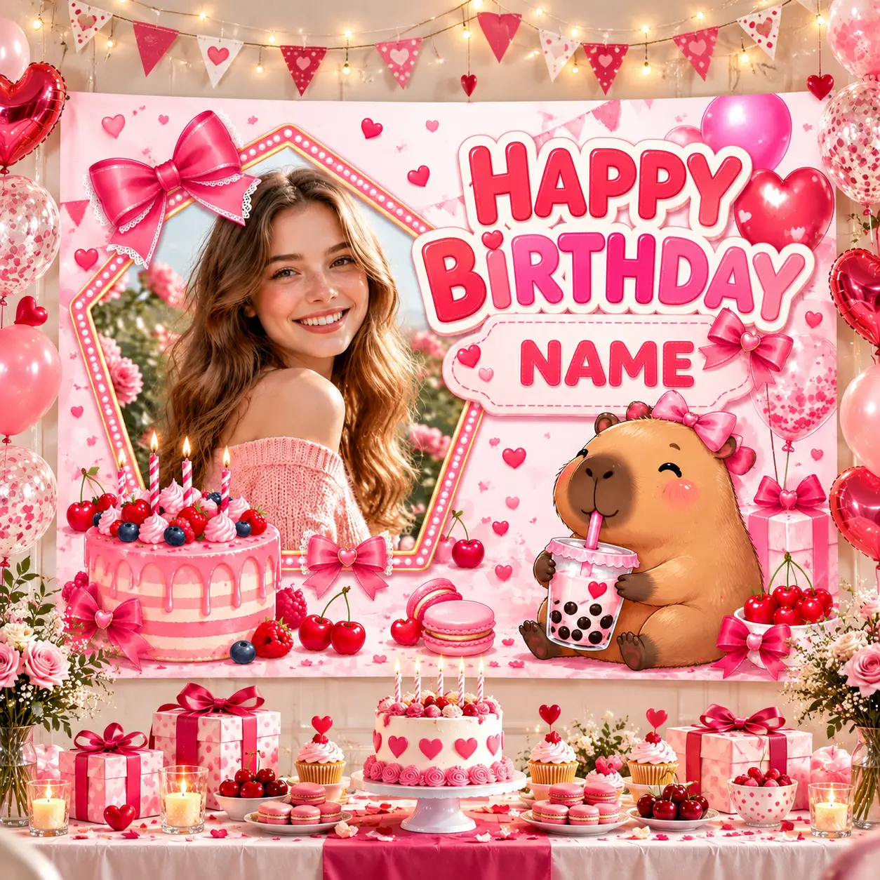 Custom Photo & Name Pink Birthday Backdrop, Sweet Party Background with Gift and Cute Animal Design