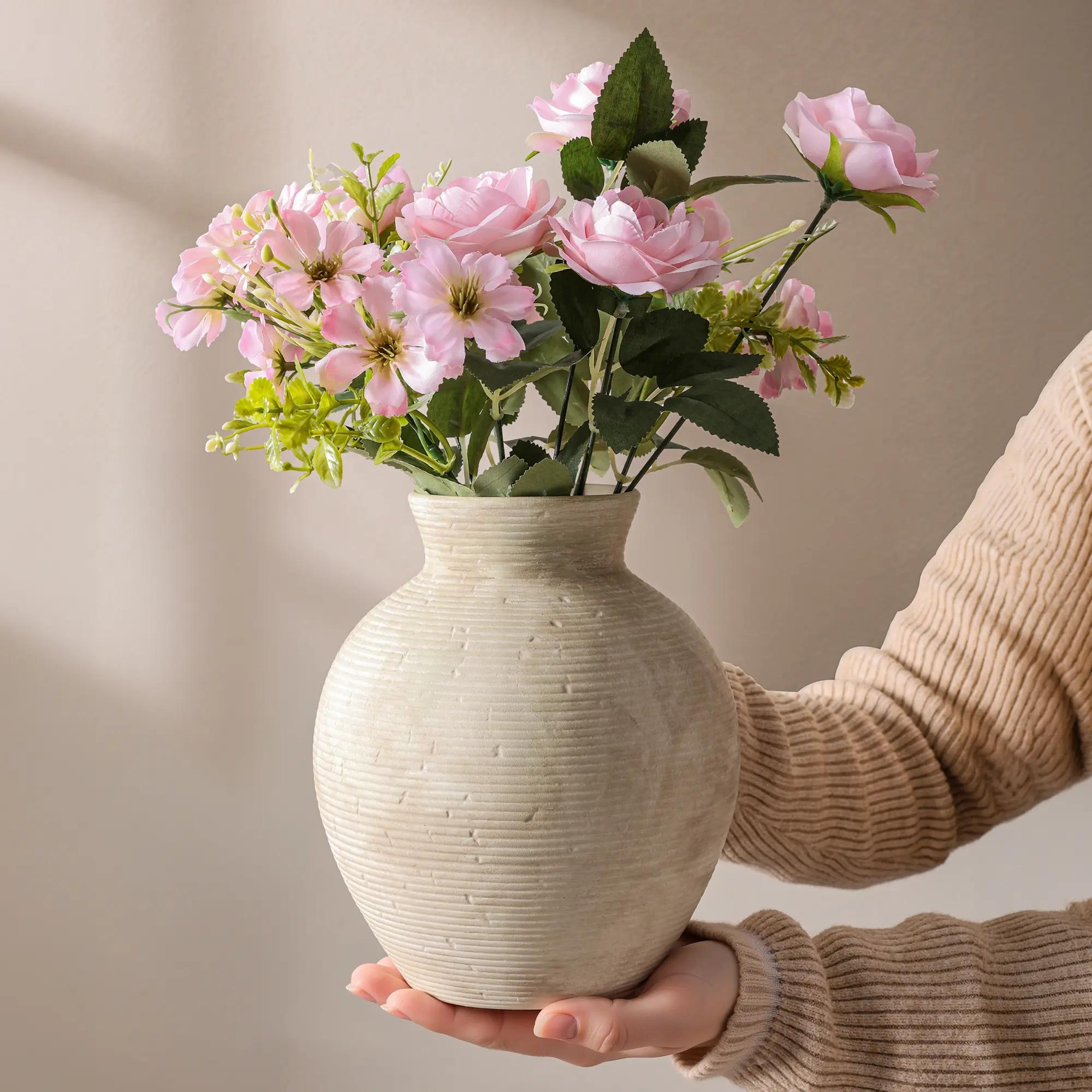 Ceramic Flower Vase Home Decor, 7.4 in Farmhouse Table Vases Rustic Vintage Living Room Kitchen Bedroom Decoration Pottery Decorative Vases for Flowers House Shelf Office Desk Dining Entryway, Retro, Flower Vases for Centerpieces