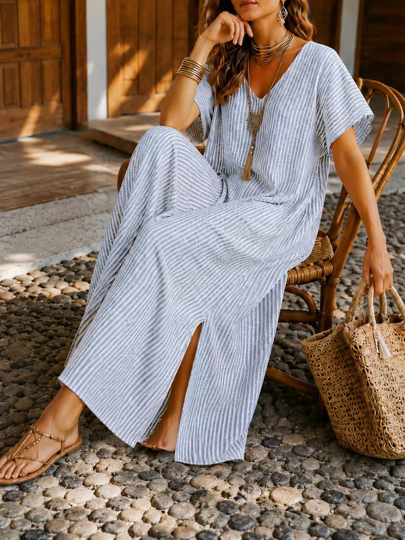Plus Size Women's Solid Striped V Neck Short Sleeve Long Dress, Summer Casual Loose Beach Sundress, Comfortable and Stylish, Womenswear