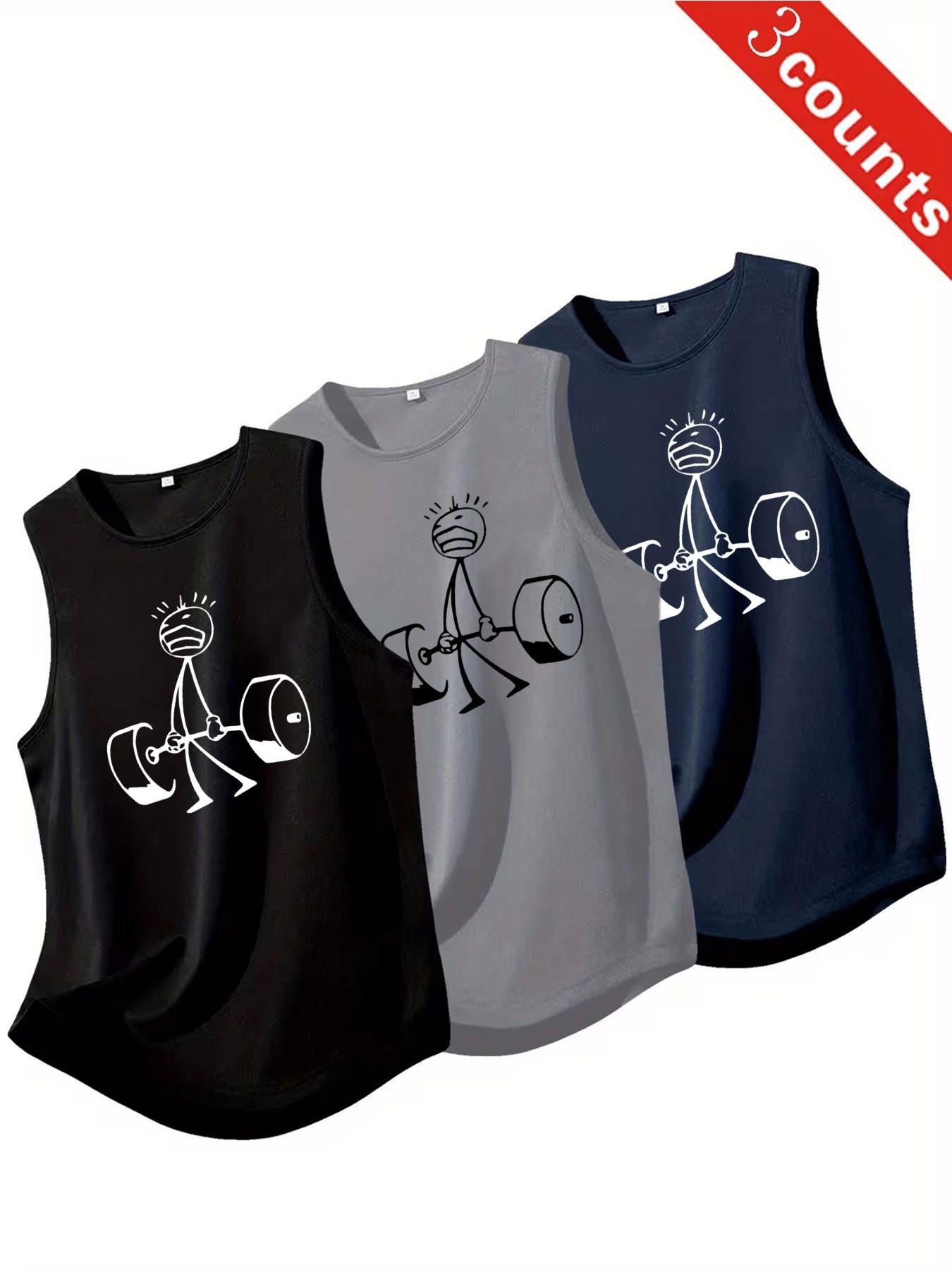 3-Pack Men's Funny Weight Lifting Stickman Print Tank Tops, Casual Sleeveless Gym Shirts, Breathable Athletic Workout Tops for Fitness