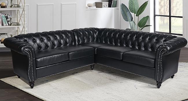 Giratree Furniture U Shaped Large Sectional Sofa, Chesterfield Leather Faux Couch Tufted Accent Sofa with Scroll Arms and Nailhead for Living Room, Office