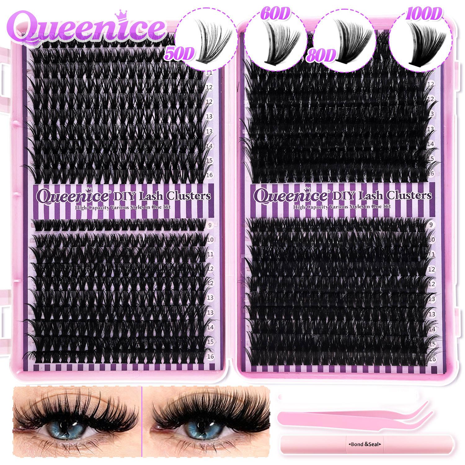 800/740/200pcs Eyelash Extension Kit, Fluffy Lash Extension Set with Lash Bond & Seal, Lash Tweezers and Thick Lash Clusters, Wispy Individual D-Curl Lashes with Eyelash Glue & Tweezers, Eyelash Tools, Cosmetic (30D/40D/50D/60D/80D/100D Mixed, 9-16mm)