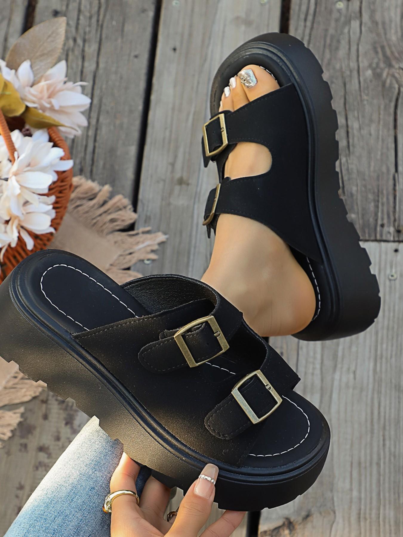 Comfortable Thick Sole Buckle New Platform Shoes, Versatile Height-Boosting Sandals, Dual Buckles, Outdoor Party Footwear