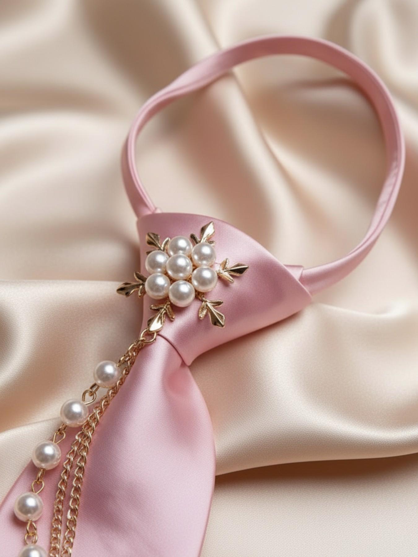 Pre-Tied Casual Elegant Tie - Smooth Satin Necktie with Imitation Pearl & Metal Accents, School Uniform & Classic Shirt Match, Ideal for Graduation & Formal Occasions