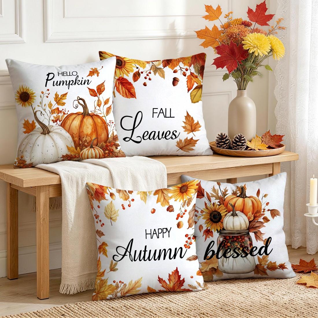 4pcs Autumn Sunflower Maple Leaf Pattern Cushion Covers, Single-Sided Print, Home Decor for Living Room Bedroom, All Seasons